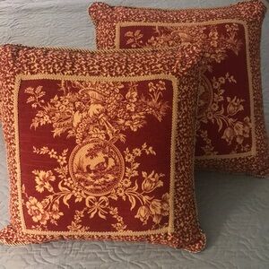 Pair Sherry Kline for Waverly French Red & Cream Toile Pheasants Throw Pillows